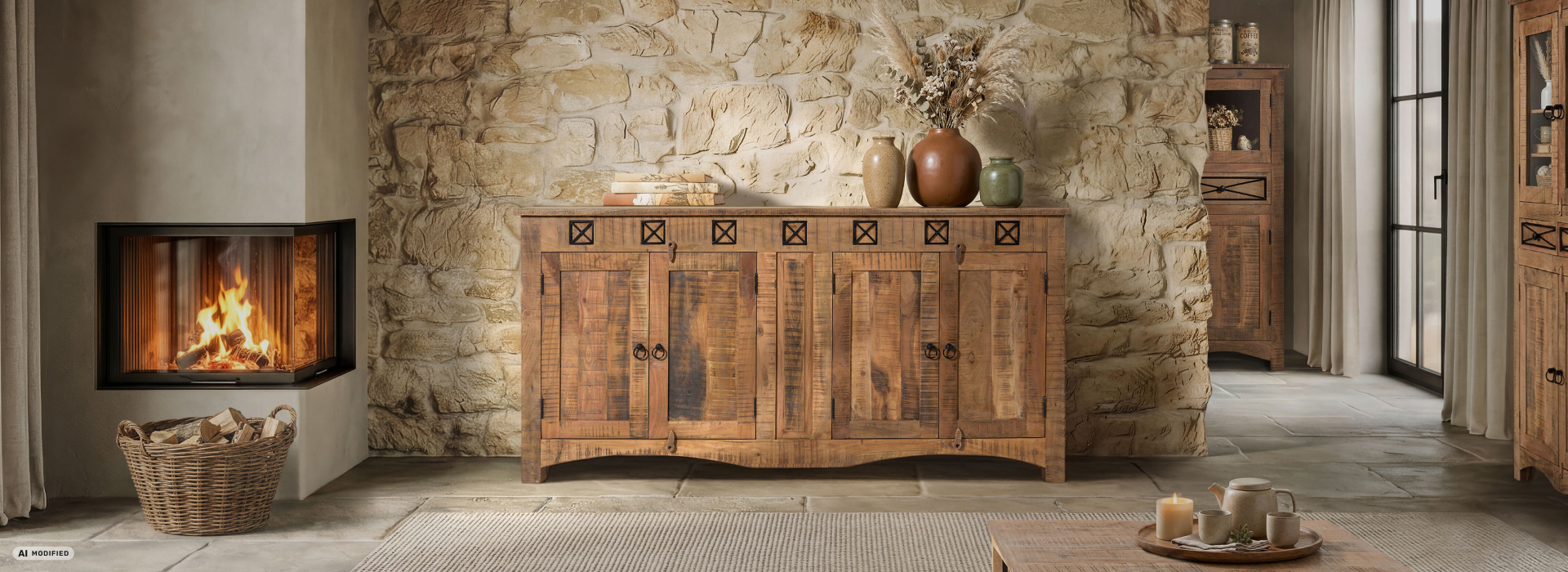 Rustieke woonkamer met massief dressoir in used-look, opvallende metalen accenten en open haard tegen een natuurstenen muur.