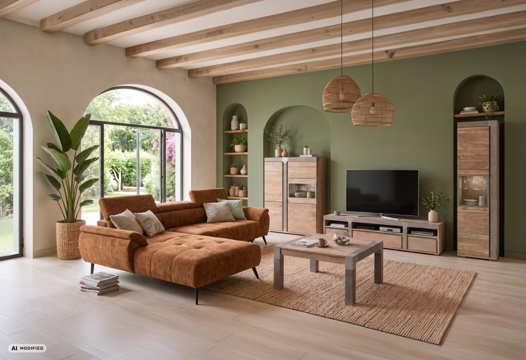 Moderne woonkamer uit de serie AMSTERDAM met highboard, tv-meubel, vitrinekast en salontafel in lichte houtlook en een cognackleurige hoekbank