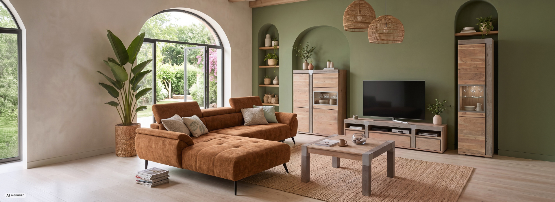 Moderne woonkamer uit de serie AMSTERDAM met highboard, tv-meubel, vitrinekast en salontafel in lichte houtlook en een cognackleurige hoekbank