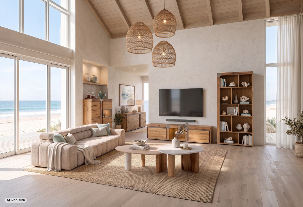 Lichte woonkamer uit de serie NEW AMSTERDAM met tv-meubel, highboard, dressoir en open boekenkast in natuurlijke houtlook en een crèmekleurige bank